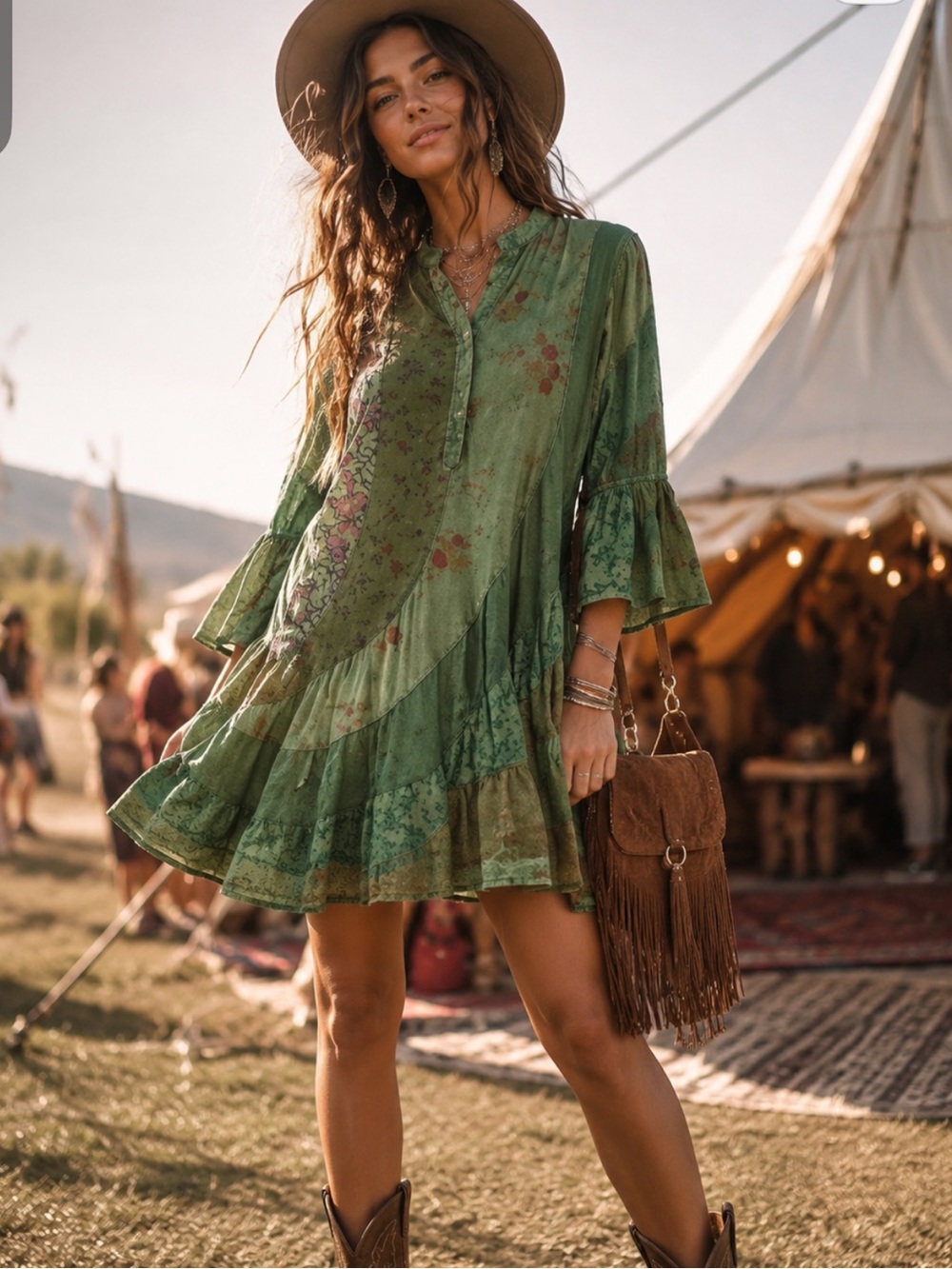 NWT Young Threads Patchwork Swirl Green Dress. Size Medium
